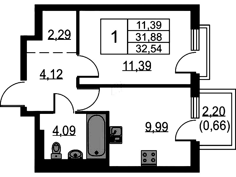 1-комнатная квартира 32.54 м², 2/15 эт., ЖК «Невская Долина»